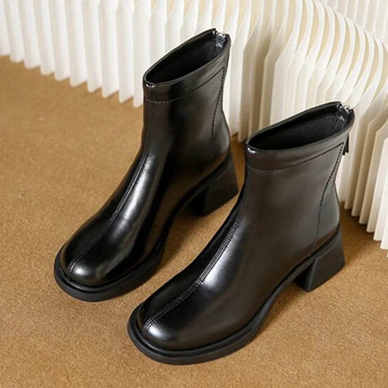 2023 New Autumn Winter Leather Short Boots Women Square High Heel Women Shoes Zipper All Match Ankle Boot Female Platform Shoes
