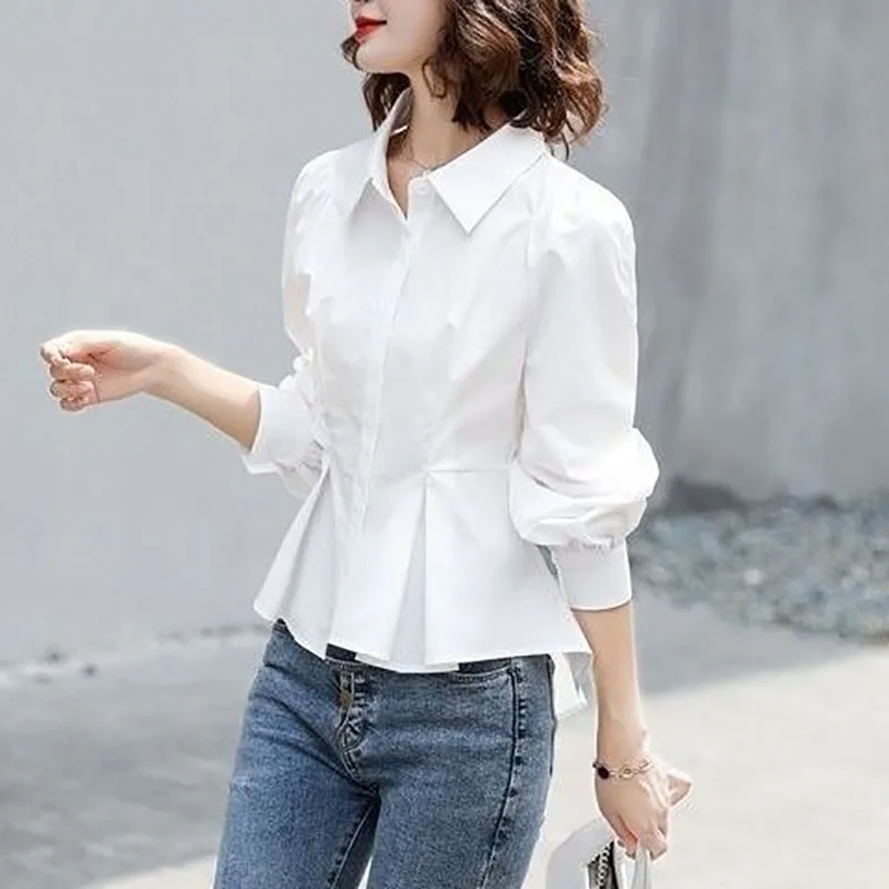 우아한 라펠 단색 불규칙 셔츠, 올 매치 오피스 레이디 블라우스, 여성 의류, 루즈 캐주얼 상의, 2022 가을 신상