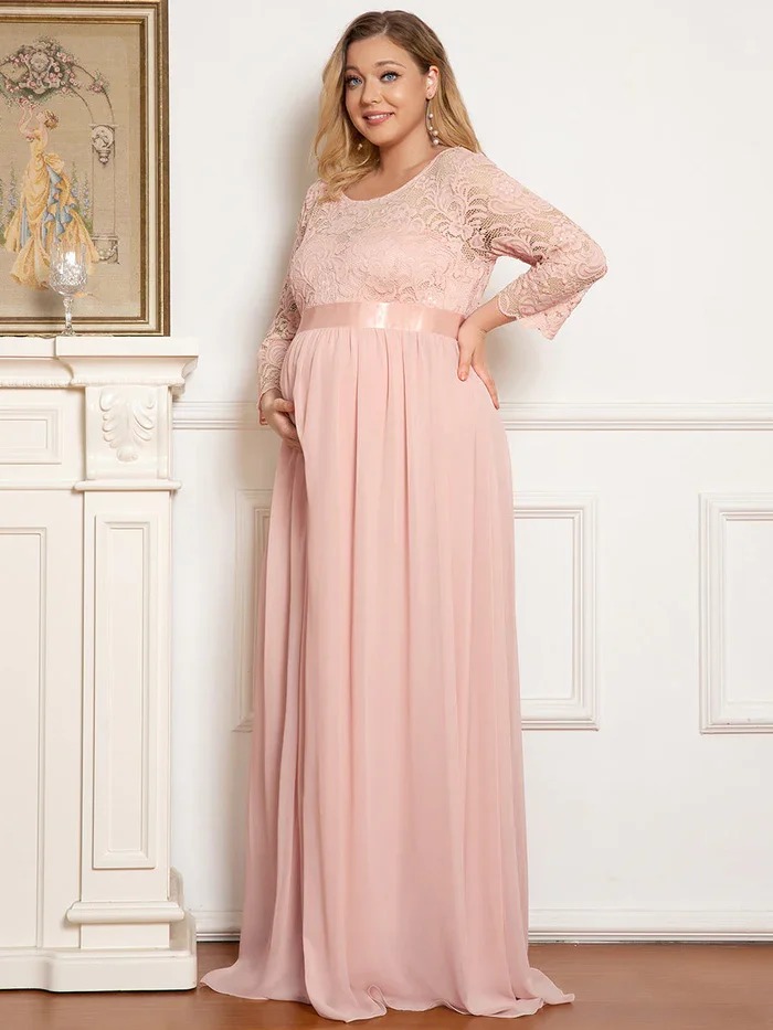 Women's Round Neck  Plus Size Lace  Maxi Chiffon Maternity Party Dress with Sleeves A-Line Floor-Length Maternity Dresses