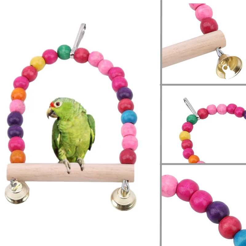 Wooden Parrot Swing Toy Bird Cage Accessories Bird Stand Rack Hanging Perch For Parrot Swing Toy with Colorful Beads Bells