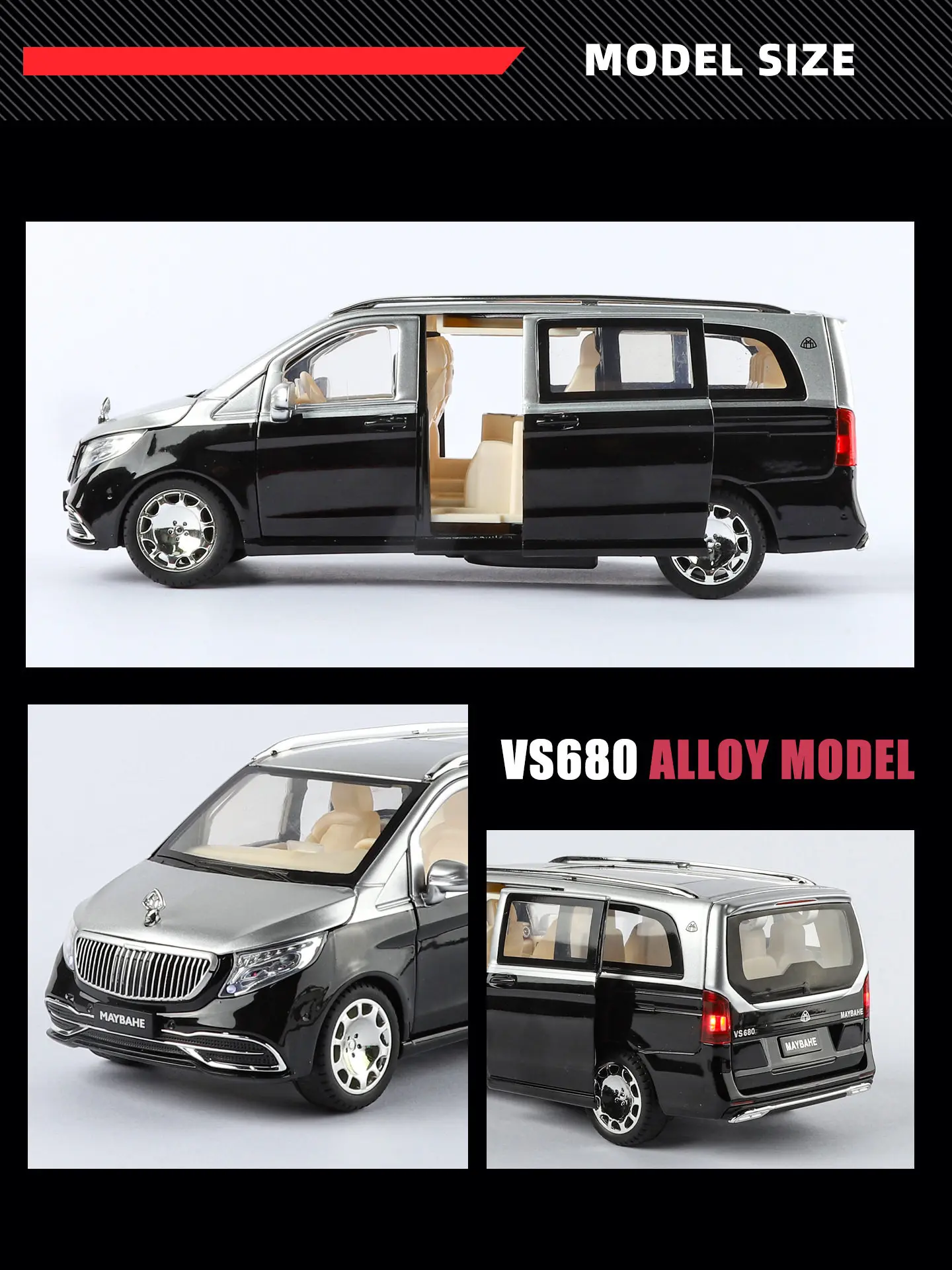 Maybach VITO VS680 MPV Modellauto im Maßstab 1:24 mit Schlüsselsteuerung, Luxus-Legierung, Druckguss-Metallfahrzeug, Simulationsmodell mit Sound und Licht, Geschenk für Kinder – Detail 8