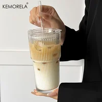 600ML Stripe Glass Coffee Cup With Lid and Without Cover Straw Transparent Drinking Glasses for Juice Iced Coffee Mugs Drinkware 2