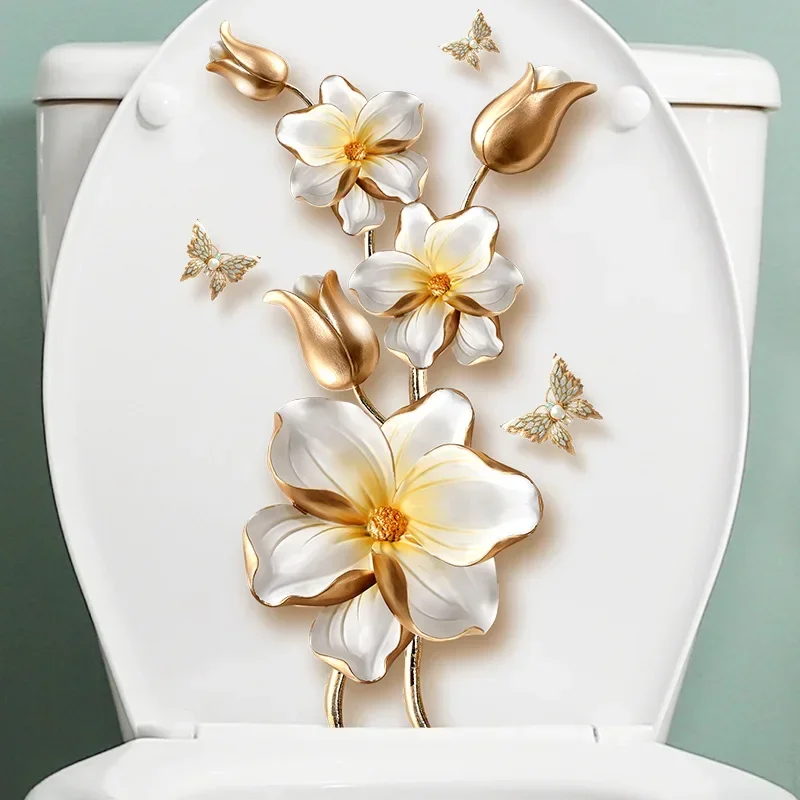 Vinyl Stickers Toilet Stickers Toilet Wall Stickers Toilet Seat Stickers 3D Flower Butterfly Stickers Waterproof PVC Toilet Cover Decal Bathroom Self-adhesive Decoration 1Pc