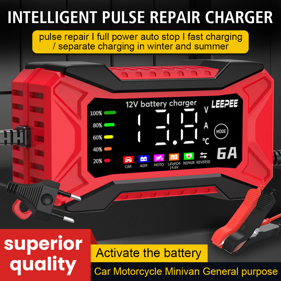 Intelligent Pulse Repair Voltage Temperature Detection Overvoltage Protection Car Battery Charger Digital LCD Display 12V 6A
