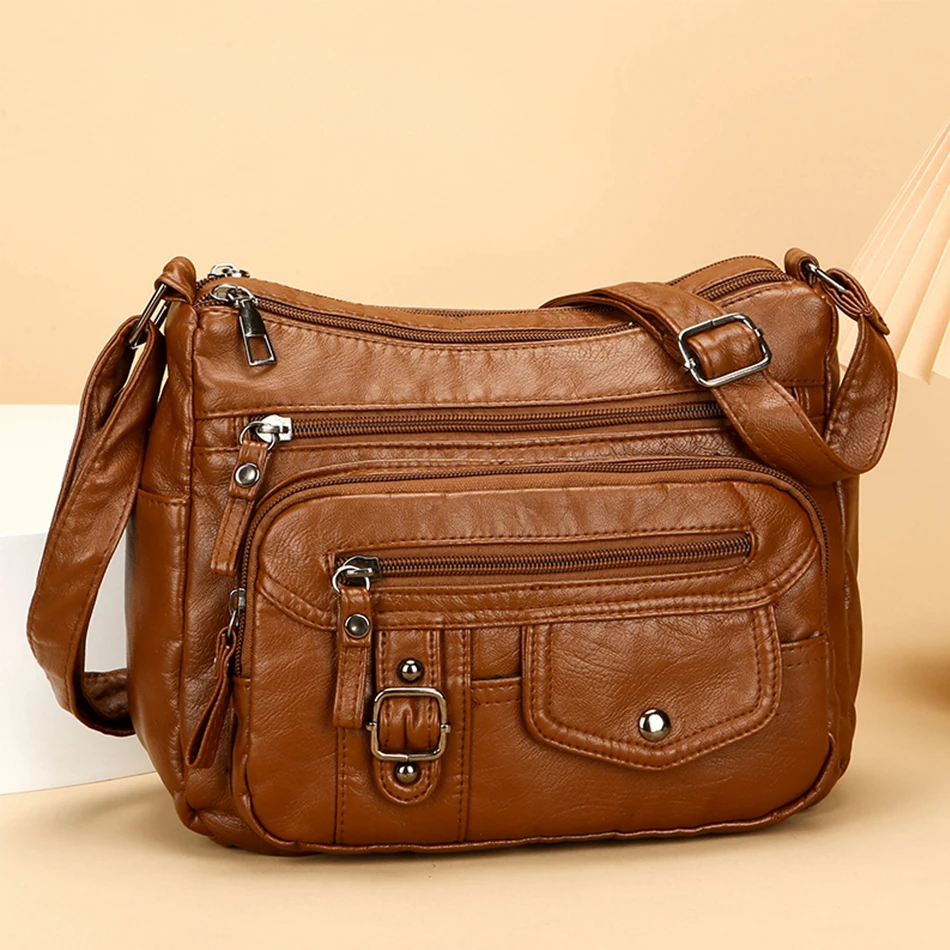 Retro Soft Pu Leather Crossbody Bags for Women Multi Pocket Shoulder Bag Purses