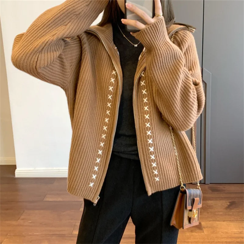 

Women's Zipper Lapel Heavy-Duty Sweater New Loose Figure Flattering Knit Cardigan Coat