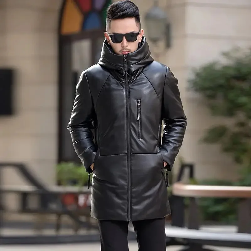 

Sheepskin Down Jacket Men Mid Length Korean Slim Fitting Hooded Windbreaker Male Luxury Brand Puffer Man Winter Coat