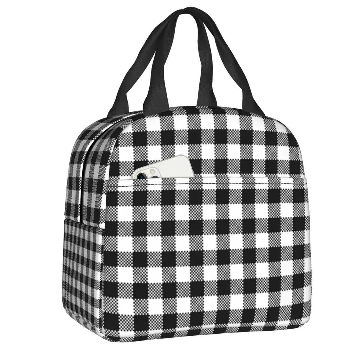 

Black And White Gingham Lunch Box Women Geometric Checkered Plaid Cooler Thermal Food Insulated Lunch Bag For Work Picnic Bags