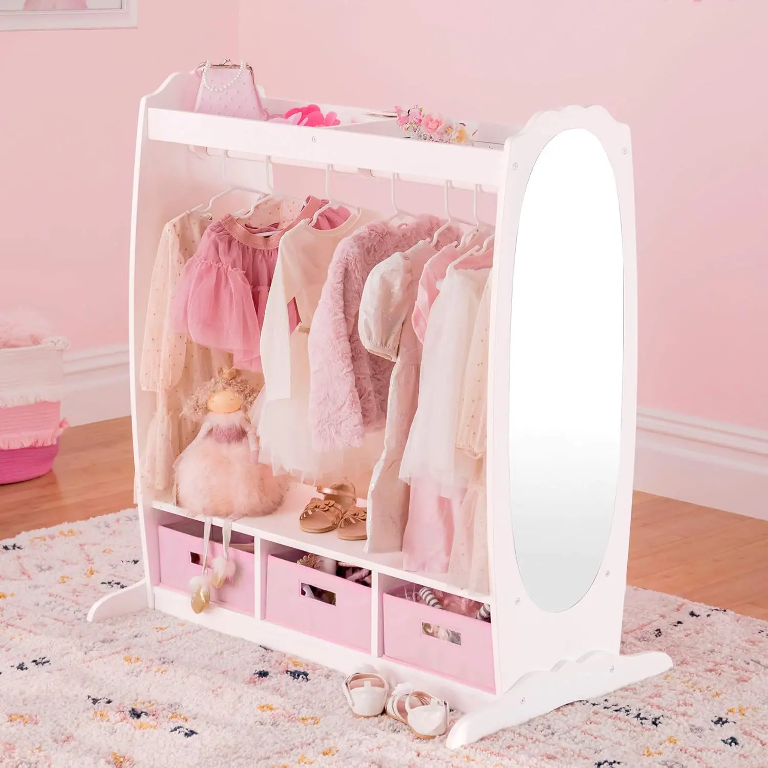 Dress Up Storage – White: Dramatic Play Costume Rack with Mirror and Tray for Toddlers - Kids Armoire, Dresser with Fabric 4