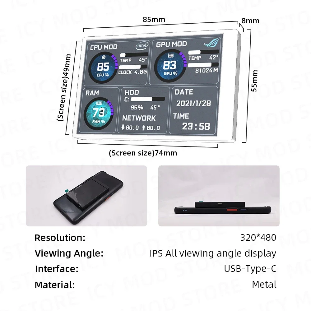 Monitor Lcd com Metal Shell Tela Secundária Mini Ips Gaming pc Temperatura Faça Você Mesmo e Detector de Dados 3.5 320x480 - Imagem 6
