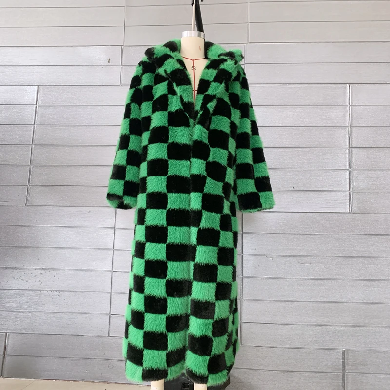 

Autumn and Winter New Minority Hairy Black Green Chequered Fur Coat Long Winter Clothing For Women