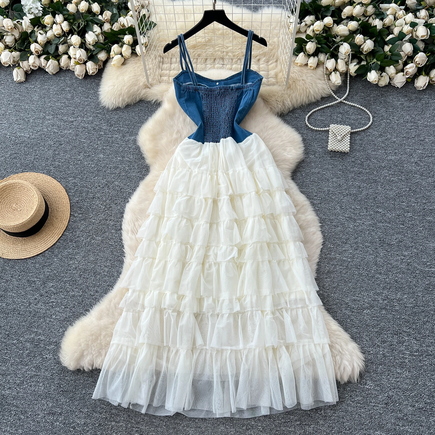 Women Denim Patchwork A-line Long Dress Dresses Off Shoulder