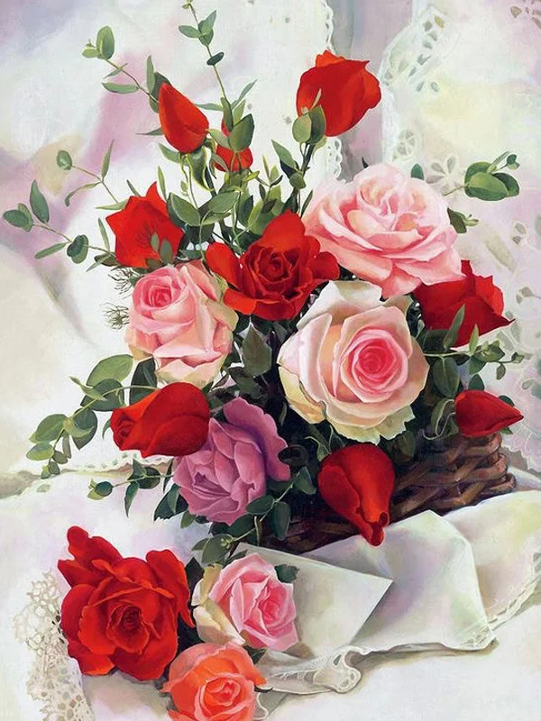 bfzhh Kit di Pittura Diamante 5D Fai da Te Mos Ricamo Punto Croce Peonia Rosa Vaso Immagine Ricamo Completo Decorazione Murale 50X60Cm