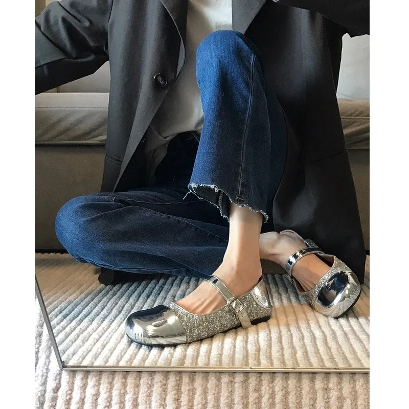 

French Strap Round Toe Sandals Vintage Mary Janes Silver Glitter Chunky Heel Women Shoes Sandalias Mujer Verano Chaussure Femme
