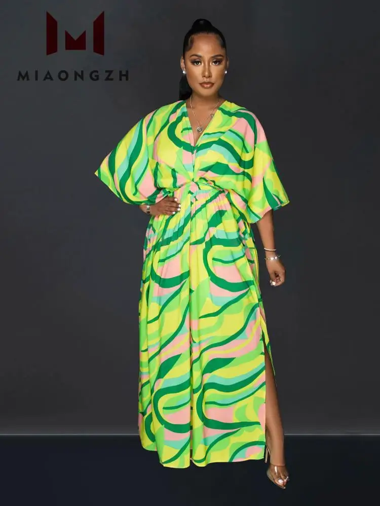 

Fashion Summer Short Sleeve Print Dress Ladies Long Maxi V Neck Vintage Casual Loose High Waist Holiday Party Dresses Women 2023