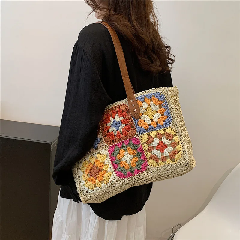 Bohemian Granny Square Straw Women Shoulder Bags Casual Weave Handbags Casual Handmade Summer Beach Bag Large Capacity Tote Bag