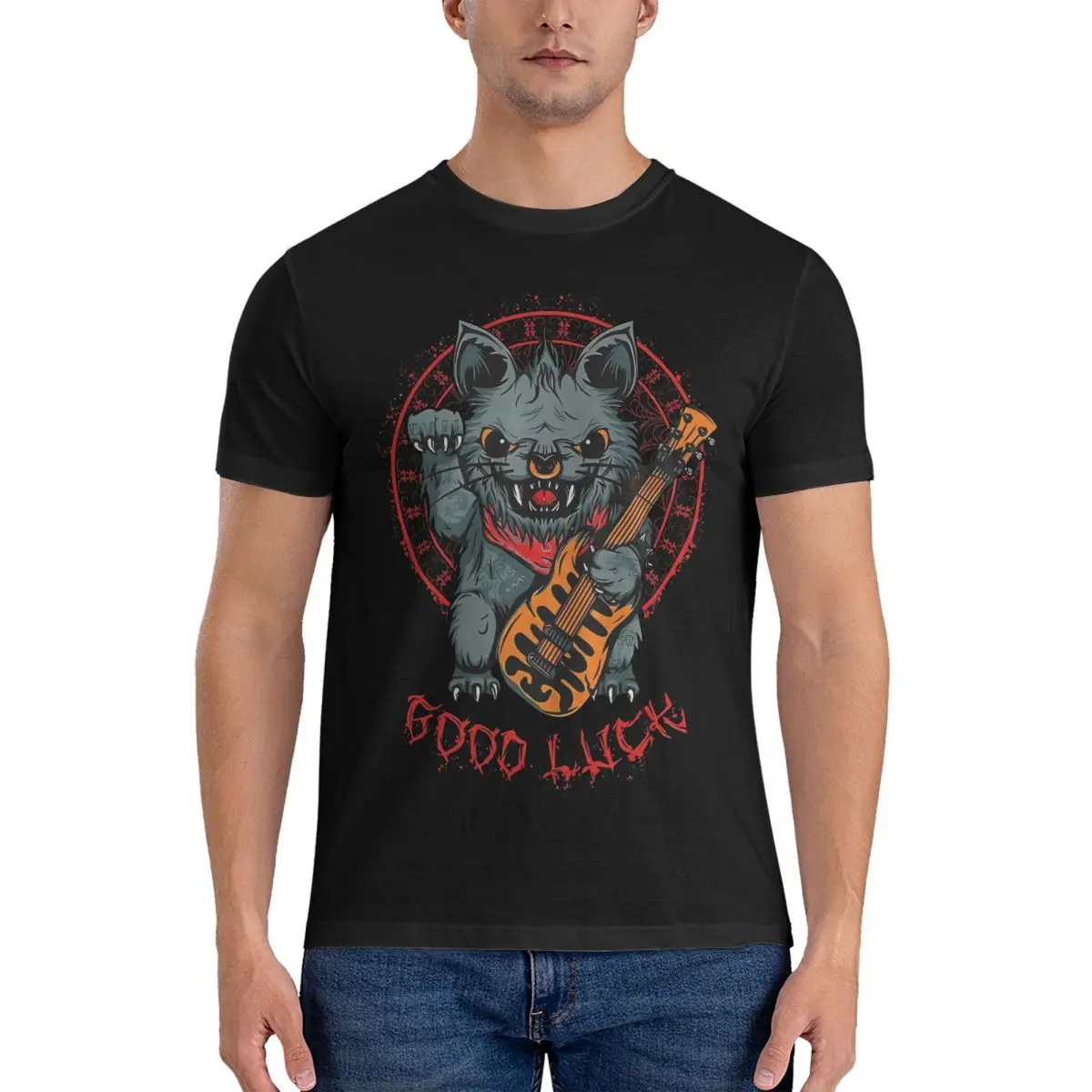 

Men Cat With Guitar Rock And Roll T Shirts TAMA Cotton Clothes Novelty Short Sleeve Crew Neck Tee Shirt 4XL 5XL T-Shirts