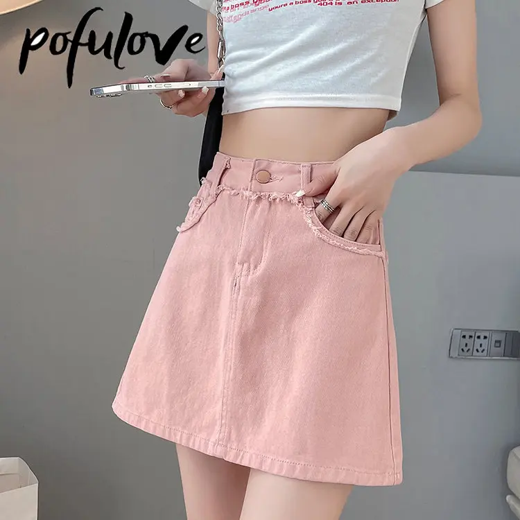 

Denim Skirt Women Pink Raw Edge Wrap Hip A-line Mini Skirt Summer Thin Solid Color Korean Fashion Vintage Y2k Short Jean Skirt