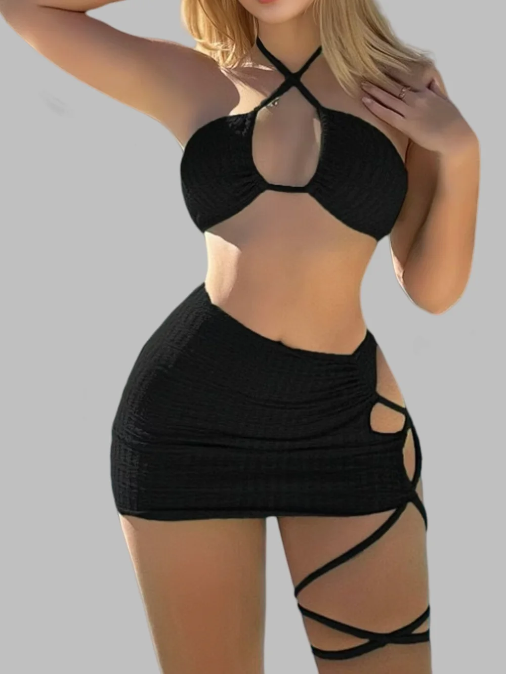 Sexy Bikini Swimsuit Set Ribbed Bandeau Swimsuit 3 Piece Swimsuit Summer Women Beach Coverup 2024 Women Swimwear
