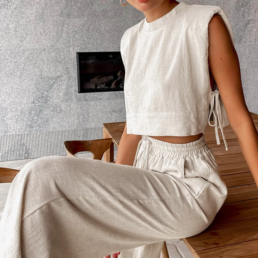 Elegant Pants Suit 2023 New Shoulder Pad Sleeveless Top Pants Two-Piece Casual Fashion Cotton and Linen Women's Suit