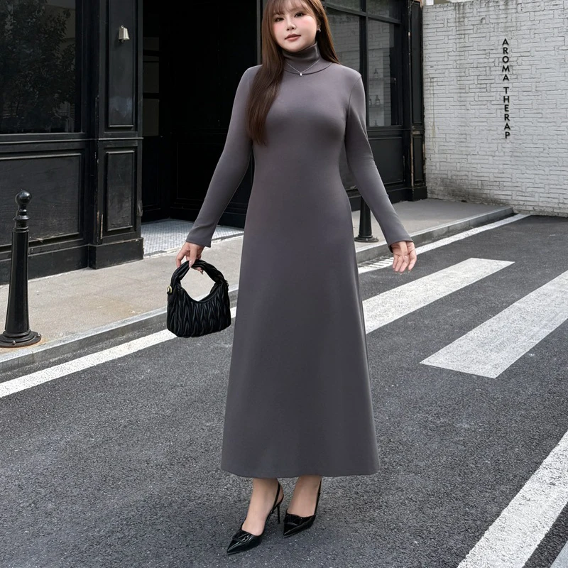 XXXXL Fashion Plus Size Women Dresses Premium Lycra Knitted waive-cinched A-Line high-neck Curves Slim French Base Dress 9429