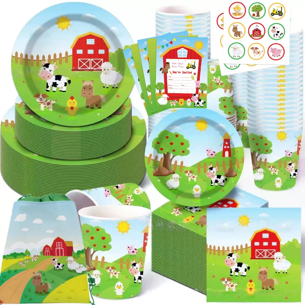 Set Decorazioni per Festa di Compleanno a Tema Animali della Fattoria per Bambini - Tovaglia di Carta, Piatti, Bicchieri, Tovaglioli