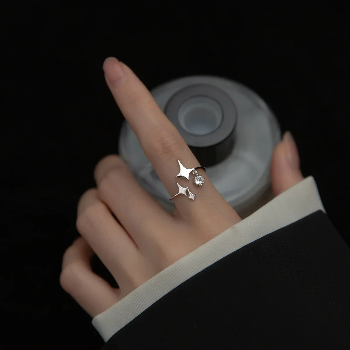 New Punk Silver Color Four Pointed Star Ring Shiny Zircon Pendant Stars Adjustable Size Ring For Women Bride Wedding Jewelry