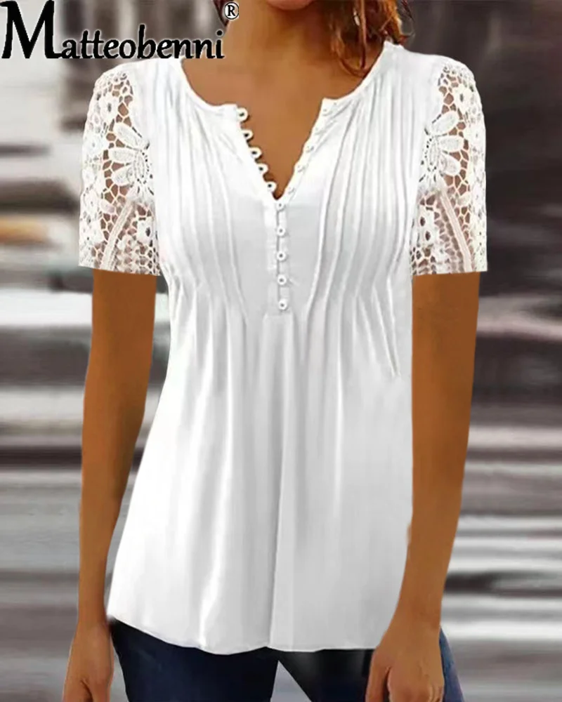

Elegant Lace Splicing Short Sleeve T-Shirt Female Summer V Neck Button Pleated Tees Women's Sweet Style Plant Floral Print Tops