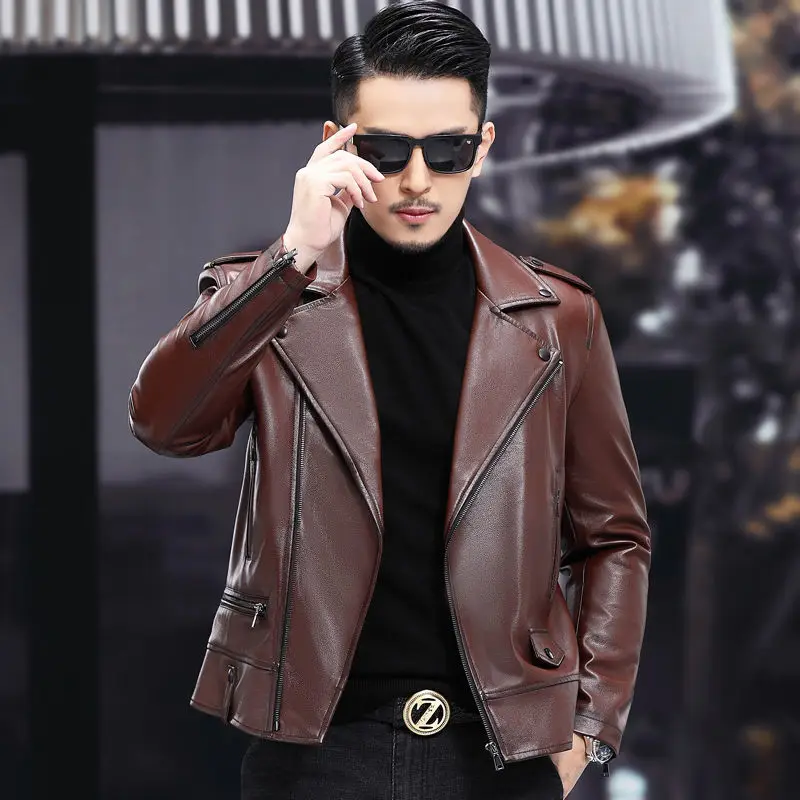 

2023 Men's Spring Autumn New Genuine Leather Short Coats Male Motorcycle Real Leather Jackets Men Short Zippers Overcoats F308