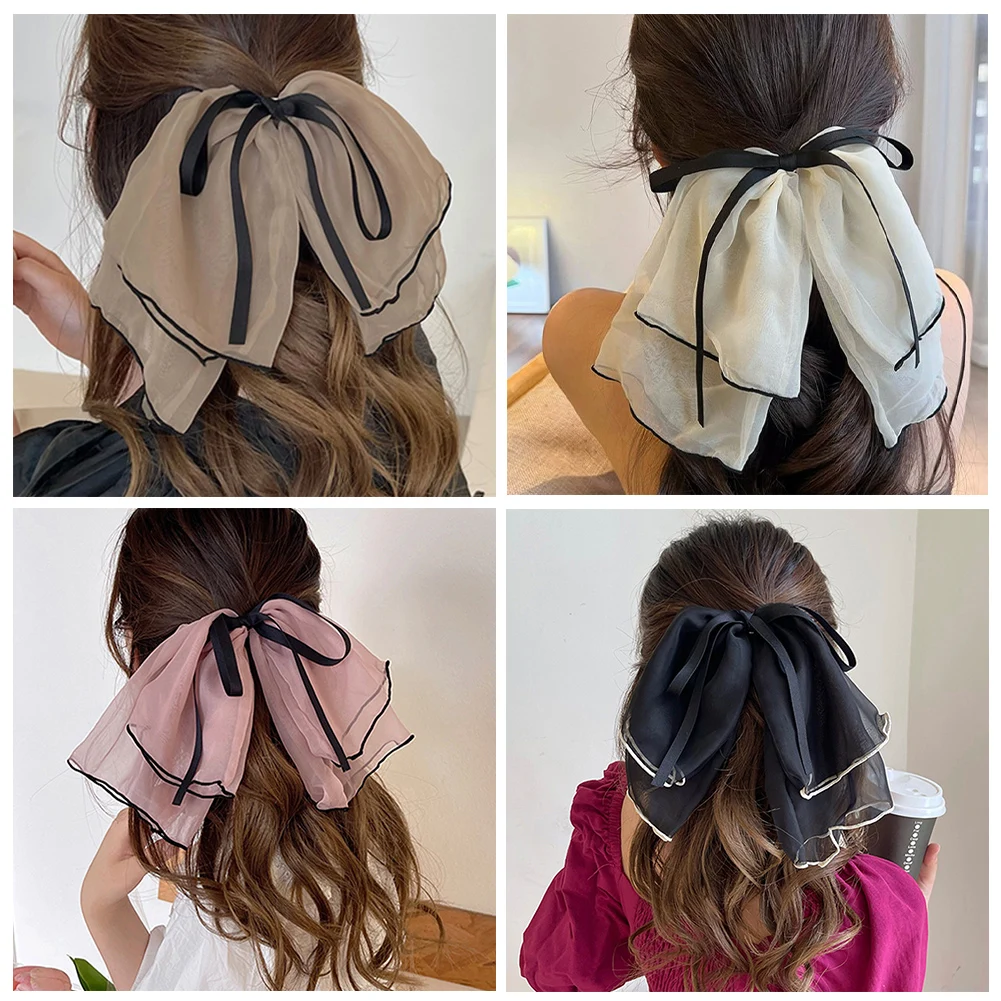 

Заколка для волос с шифоновым бантом, женский зажим для волос с большим бантом из металлического сплава, однотонный зажим для конского хвоста, аксессуары для волос, головной убор, подарок