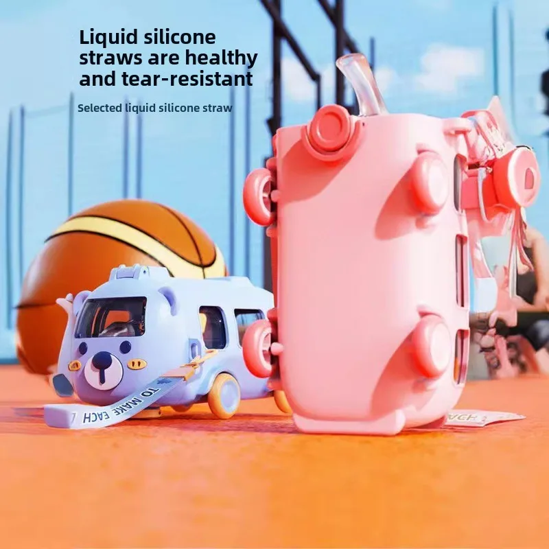 500ml Cute Bear Portable Water Bottle With Shoulder Strap for Kids Car Straw Cup Bus Shape Children's Drinking Cup water bottle