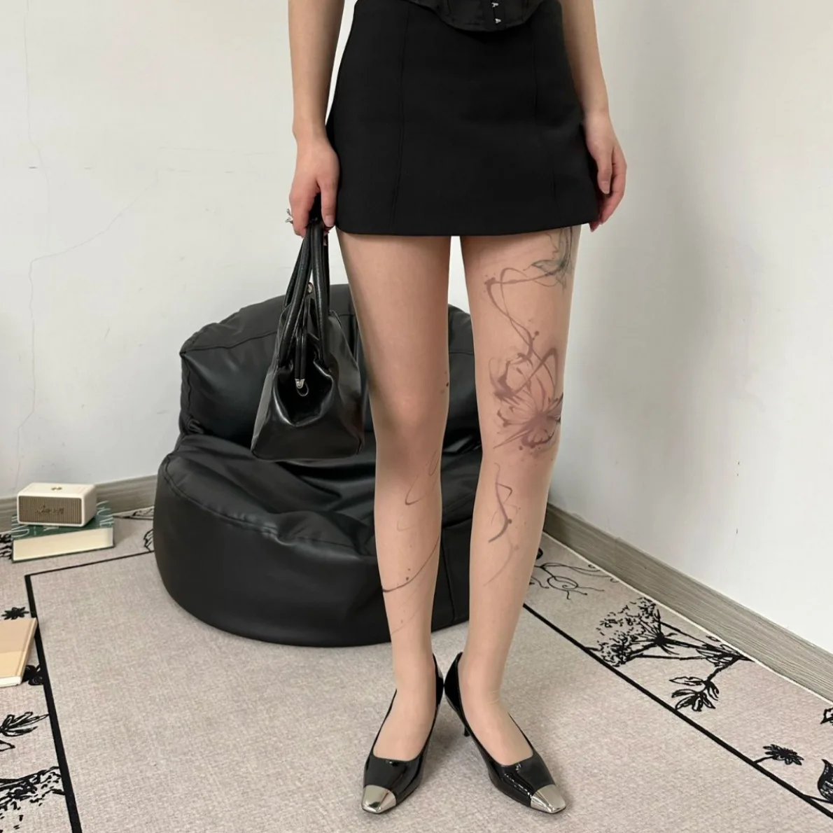 

Fashion Simple Splash Ink Butterfly Ladies Pantyhose Artistic Design Thin Elastic Beige Sheer Hottie Lolita Cool Nylon Tights