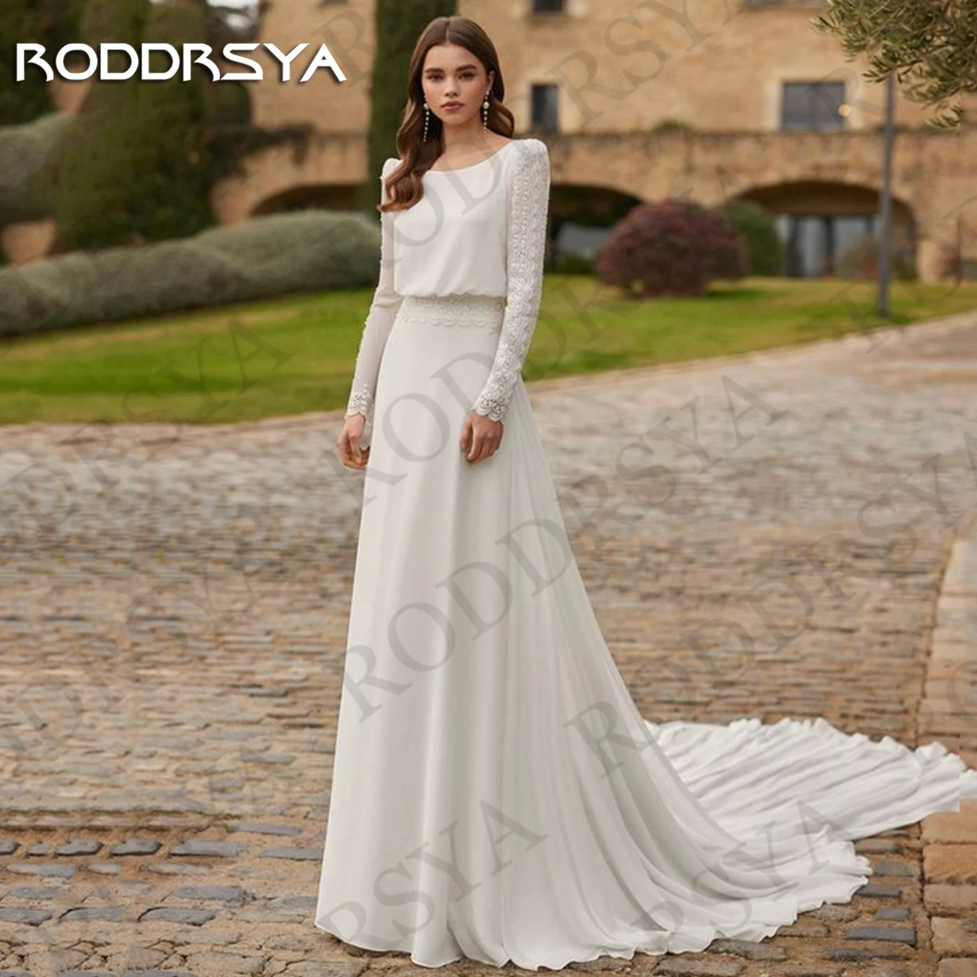 RODDRSYA Bohemian Wedding Dress Lace Long Sleeve Boho Chiffon A line Bridal Dresses Backless Detachable Train Customized