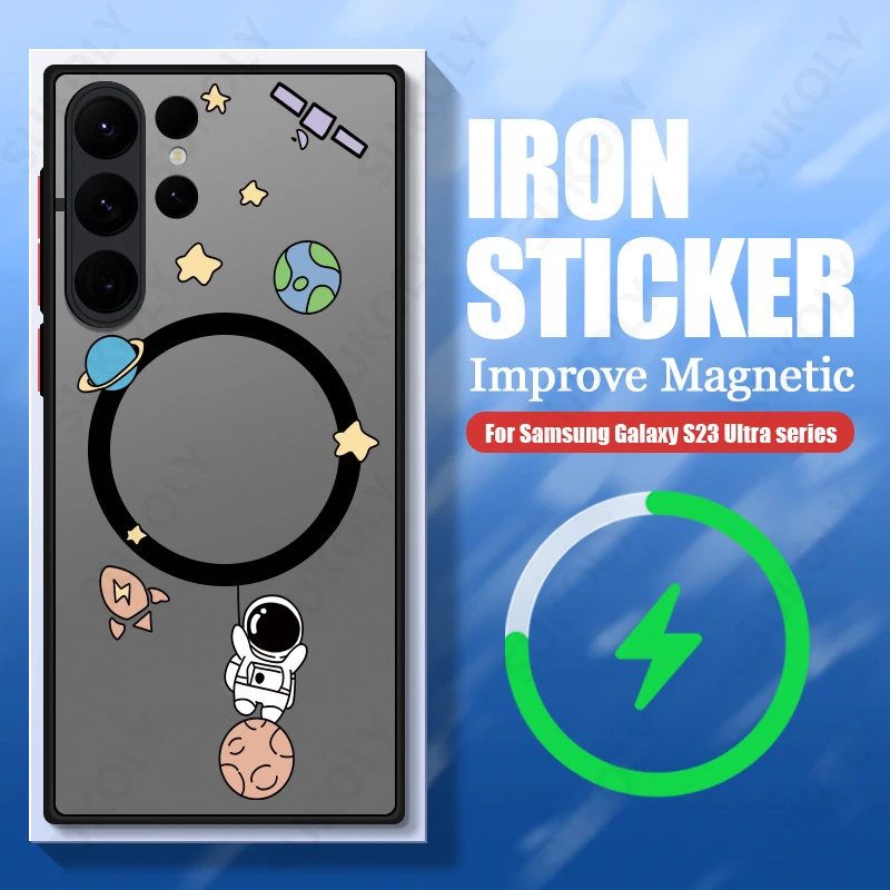 Astronaut Magsafe Charging Matte Acrylic Phone Cover with Iron Ring Design