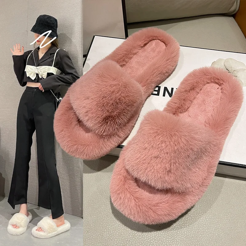 

Shoes House Slippers Platform Slipers Women Fur Flip Flops Flock Slides Fashion Loafers Low 2023 Plush Luxury Flat Rubber Basic