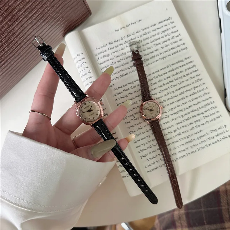 Camellia small dial square watch for women, retro strap quartz women's watch