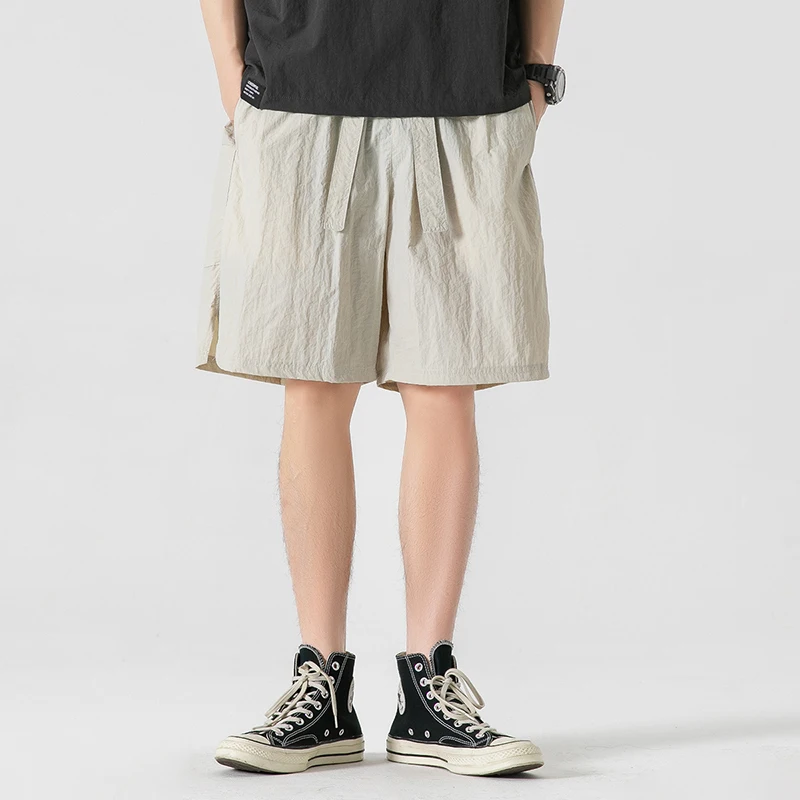 Summer Thin Fashion Trend Casual Shorts Men's Solid Elastic Waist Drawstring Patchwork Pockets Korean Versatile Straight Shorts
