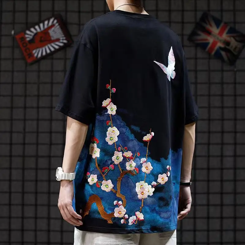 

Chinese style short sleeved butterfly without hanging embroidery men's new loose casual versatile cotton top, comfortable and s