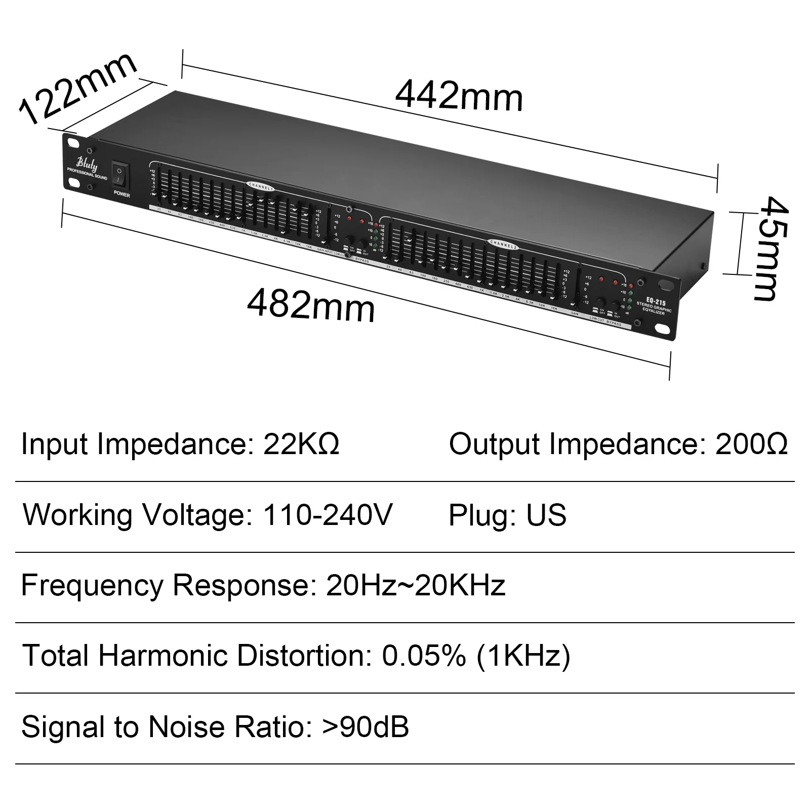 Btuty EQ-215 Dual Channel 15-Band Equalizer 1U Rack Mount 2-channel Stereo Graphic Equalizer