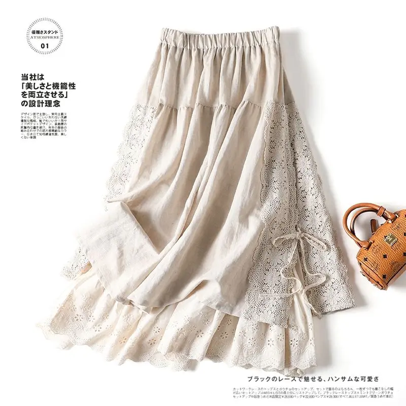 Vintage Chic Embroidery Linen Cotton Long Skirts Women Summer Elastic High Waist Pleated Maxi Skirt Female Elegant A-Line Skirt elegant patchwork velvet women mini dress fashion square neck long sleeve pleated bodycon dresses 2023 lady chic party club robe