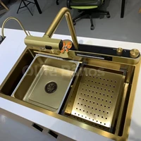TikTok Trend Gold Smart Digital Display Emitting Diode Double Waterfall Rainfall Faucet Honeycomb Nano Ceramic Kitchen Sin 1