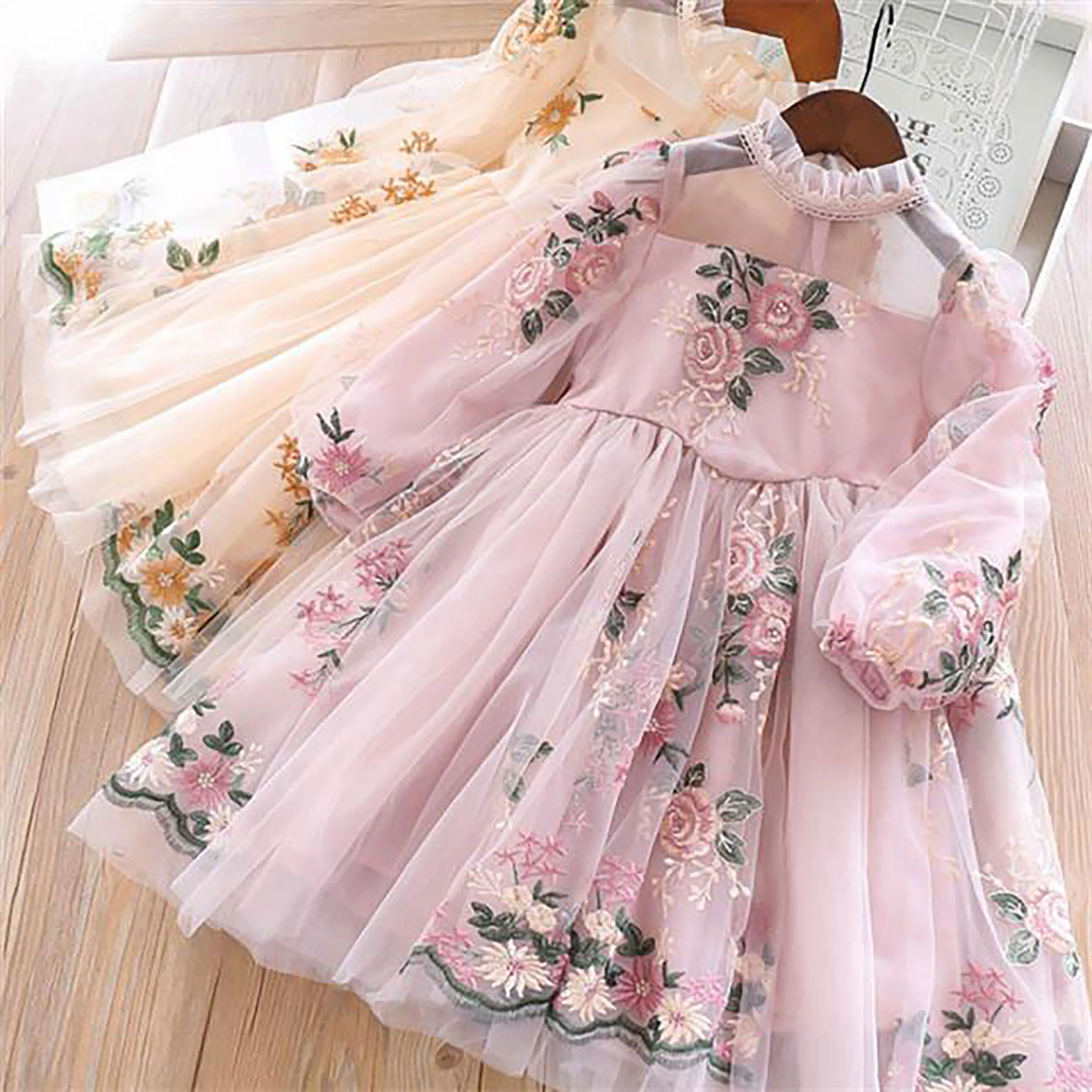 Baby Girls Floral Dress Long Sleeve Flower Print Dresses Clothes Kid