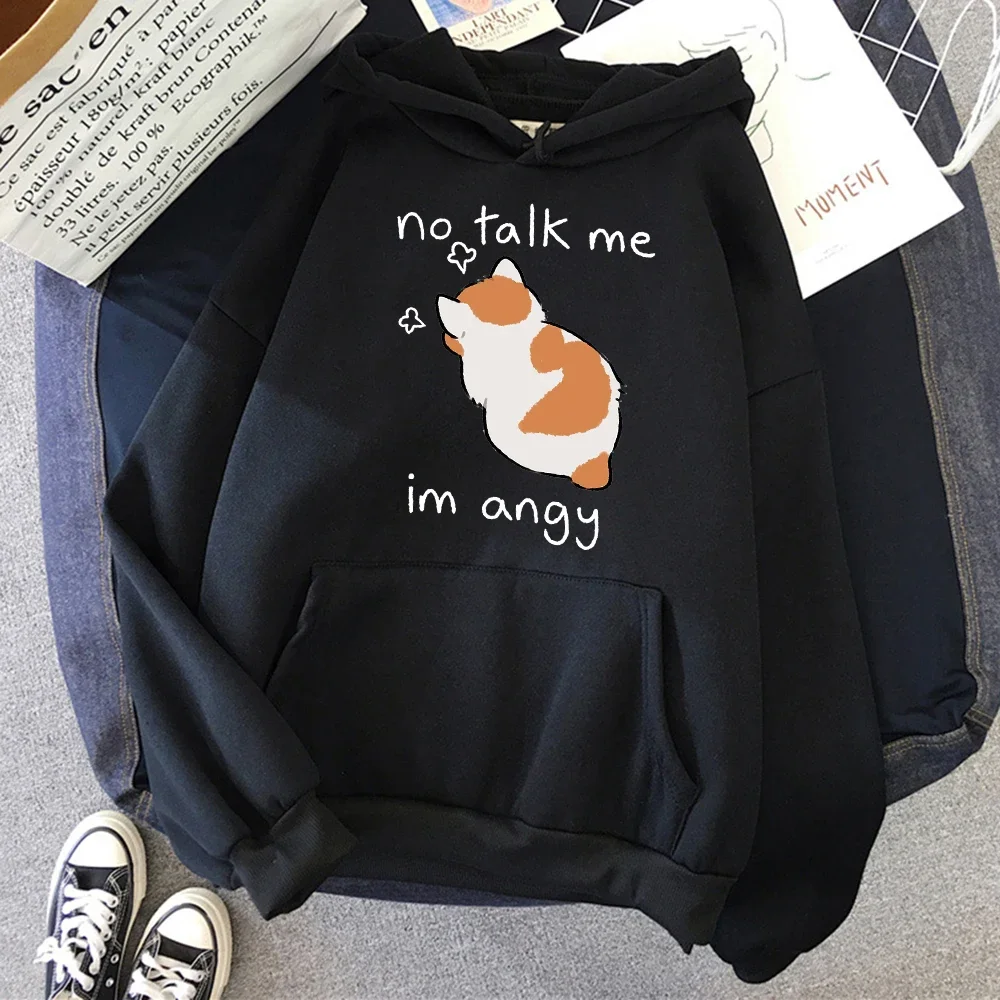 Funny No Talk Me Cute Angry Cat Print Hoodies Women Soft Sweatshirts Casual Fleece Clothing Unisex Streetwear Oversize Pullovers