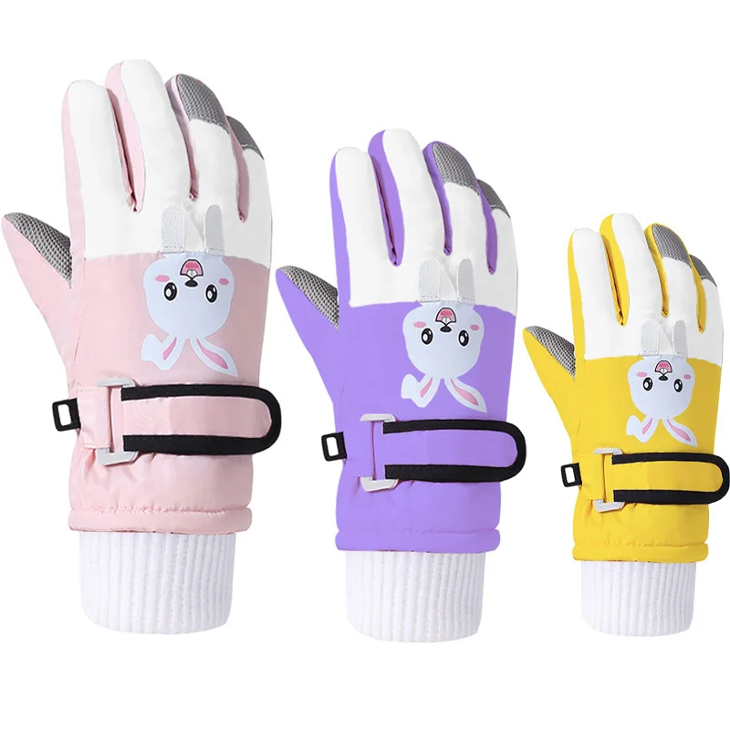 Children Ski Gloves Cartoon Bunny Windproof Boys Girls Snow Five-Finger Glove Thicken Warm Winter Mittens Kids Accessories 4-12Y