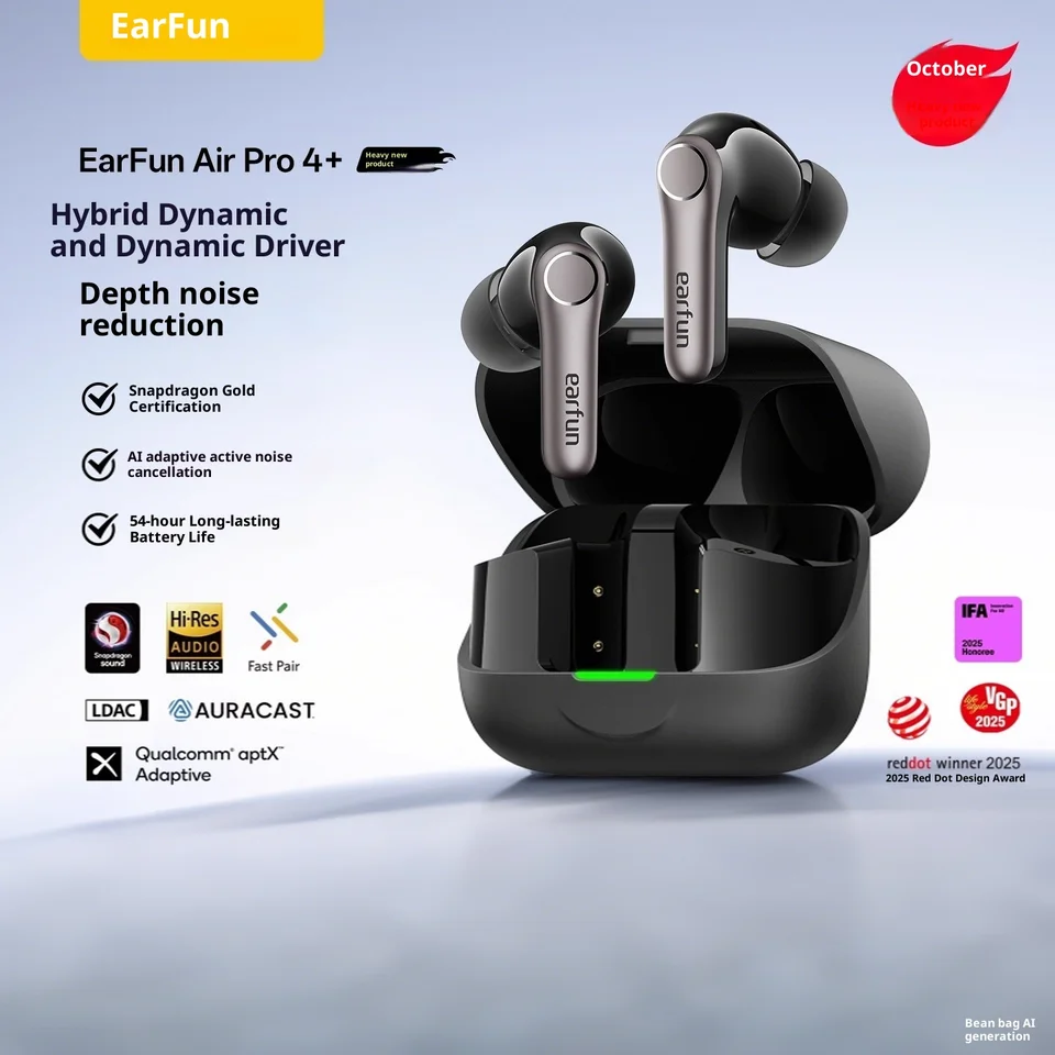 EarFun Air Pro 4+ Noise Cancelling Bluetooth Hoofdtelefoon - Hybrid Drivers, Hi-Res, AptX Lossless, LDAC, 54 Uur Batterij, 6 Microfoons AI