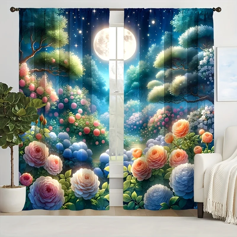 

2pcs New Moon Rose Flower Fashion Curtain Home Decoration Curtains 3D Digital Printing Rod Pocket Curtains Living Room Decor