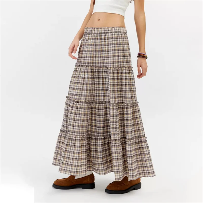 

Plaid Skirt y2k Clothes Women Fairycore Grunge Elastic Low Waist Ruffled Tiered Long Skirt Vintage Aesthetic Skirts Streetwear