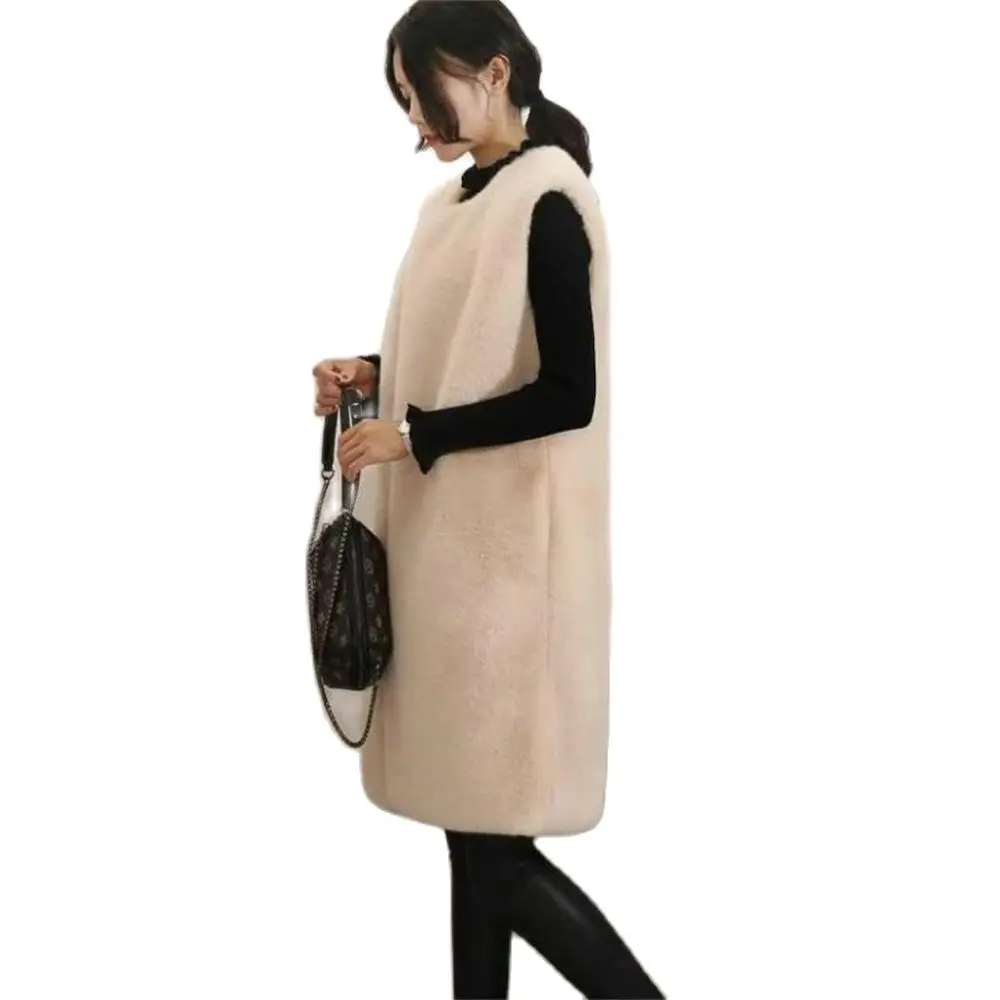 Women\'s Imitation Fur Sleeveless Coat Long Fur Jackets Lnternet Celebrity Loose Imitation Mink Vest Autumn Winter