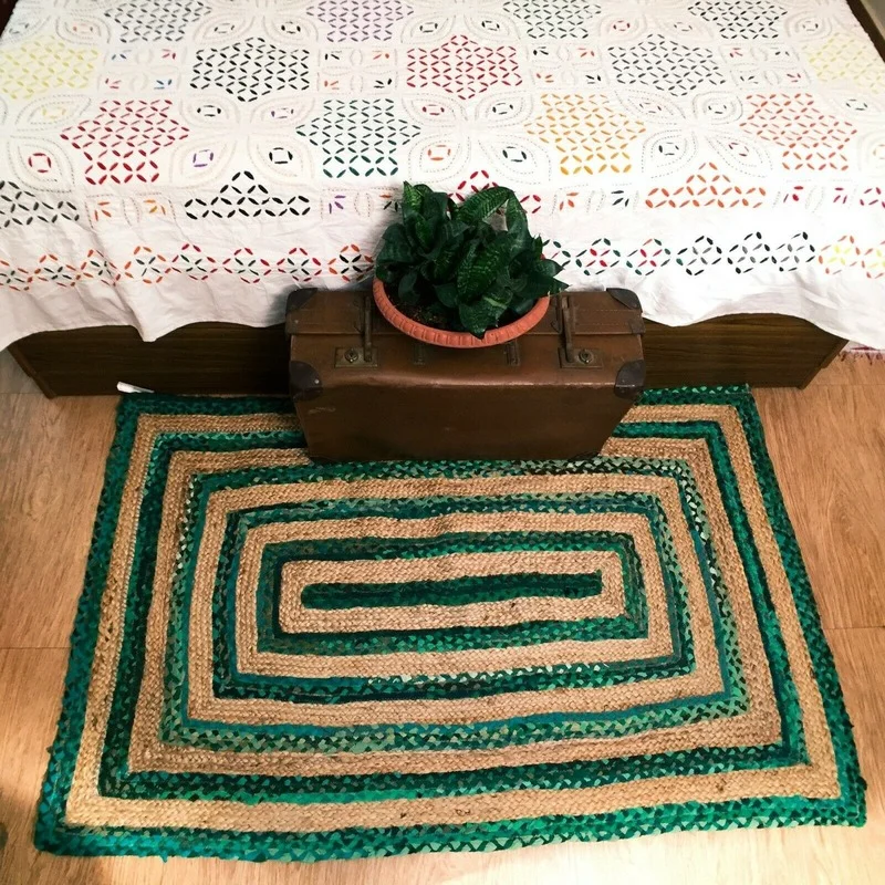 녹색 줄무늬 깔개 자연 황마 및 면화 바닥 매트 Handloom 꼰 스타일 직사각형 카펫 거실 지역 깔개