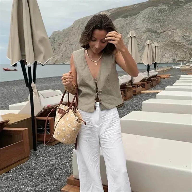 TRAF 2024 Black Cropped Vest Women Jacket Beading Tied Sleeveless Vest Woman Fashion V Neck Summer Vest Short Coats Waistcoat 4